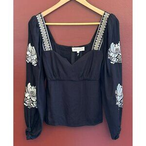 Hale Bob Black Deandra Embroidered Sweetheart Neckline Blouse Size XS Bohemian